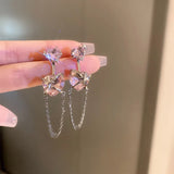 Flyshadow Pink Heart Zircon Chain Tassel Earrings for Women Romantic Design Two-Wear Long Pendant Earring Fashion Jewelry