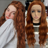 Flyshadow Orange Long Natural Wavy Synthetic Lace Wigs Long Body Wave Lace Hair Frontal Lace Wigs For Women Heat Resistant Cosplay Daily