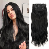 Flyshadow 24inch Long Wavy Clip in Hair Extensions 4pcs/set Synthetic Wavy Clip in Hair Extension for Women Black Fibre Thick Hairpieces