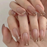 Flyshadow 24pcs Fake Nails French Ballet Nail With Solid Color Gold Edge False Nails Press On Nails Waterproof Faux Fingernails