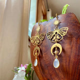 Flyshadow Celestial Moonstone Moth Earrings Hypoallergenic Fairy Jewelry Handmade Creativity Novelty Jewelry Women Gift Statement Grunge