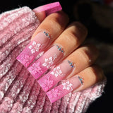 Flyshadow 24Pcs Gradient Pink False Nails Long Ballet Square Fake Nails with Sakura Design Glitter Diamond Press on Nails Manicure Tips