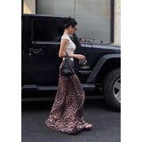 Flyshadow Sexy Leopard Print Maxi Skirt Women Vintage Ruffle Elegant Long Skirt Summer Streetwear Skirts Y2k Fashion Slim Up