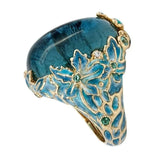 Flyshadow Elegant Women Fashion Gold Color Carving Enamel Flower Rings for Women Creativity Inlaid Blue Stone Engagement Ring Jewelry