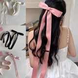 Flyshadow Fashion Satin Hair Bow Hairpin for Women Girls Overlength Ribbon Hair clips Black White Bow Top Clip Female Hair Accessories