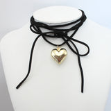 Flyshadow New Goth Black Velvet Big Heart Pendant Choker Necklace for Women Elegant Weave Knotted Bowknot Adjustable Chain Jewelry