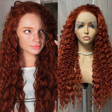 Flyshadow Ginger Wig Synthetic Lace Front Wigs For Women Long Deep Curly Synthetic Hair Reddish Brown Wig Curly Frontal Wigs Cosplay Party