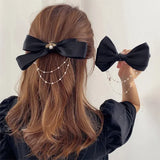 Flyshadow Trendy Pearl Chain Bow Hair Clip Temperament Bow Headwear Hair Accessories Sweet and Cute Korean Hair Accessories Girl