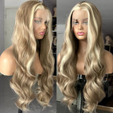 Flyshadow Brown Wig with Ash Blonde Highlights Synthetic Hair Long Wavy Loose Body Wave Streaks Money Piece 13X4 Frontal Wigs for Women