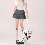 Flyshadow Kawaii Pleated Bow Mini Skirt Grey Sexy Sweet Dot Irregular Short Skirts Coquette Patchwork Casual Preppy Style Skirt