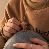 Flyshadow Cute Plush Bear Pendant Necklace for Girls Women Korean Fashion Bear Long Sweater Neck Chain Necklaces Collar Jewelry