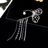 Flyshadow Fashion Crystal Butterfly Clip Earring for Women Pearl Bead Ear Cuff Long Tassels Charm Hollow Earrings Clip Jewelry Gifts