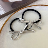 Flyshadow Elegant Silver Metal Bow Head Rope Cute Bowknot Hair Ties Elastic Rubber Bands Ponytail Holder For Women Girls Hair Accessories