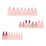 Flyshadow 24Pc Long Stiletto Press On Nails Cherry Pink French False Nails With 3D Bow Pearls Design Detachable Acrylic Fake Nail Art Tips