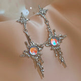 Flyshadow Fashion Moonstone  Drop Earrings Metal Cross Earrings Young Girl Trend Metal Cross Moonstone Drops Earrings Jewelry Wholesale