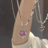 Flyshadow Y2K Purple Crystal Heart Pendant Necklace Women Sweet Cool Girl Punk Clavicle Chain Fashion Aesthetic Necklace Jewelry Gift 2024