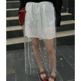 Flyshadow Elegant See-through Black Skirt Tulle Vintage Lace Fashion Sexy Mid Skirt Mesh Korean Style Streetwear A-line Skirts