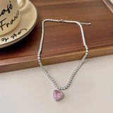 Flyshadow Pink Heart Pendant Necklace for Women Lovers Rhinestione Clavicle Chain Chocker Female Cute Crystal Moonstone Jewlery Gifts