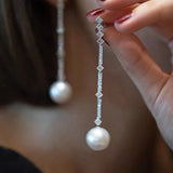 Flyshadow Luxury Long Crystal Tassel Imitation Pearl Dangle Earrings for Women Silver Color Wedding Earing Unique Design Jewelry