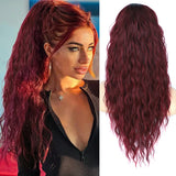 Flyshadow Long Curly Wavy Ponytail Hair Extension for Women Natural Synthetic Drawstring Ponytail Hairpieces Burgundy Blond Fake Pony Tail