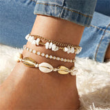 Flyshadow 4pcs/Set Bohemian Seed Beaded Woven Chain Anklet Bracelet Summer Multilayer White Stone Shell Adjustable Ankle Chain For Girls