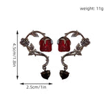 Flyshadow New Gothic Red Rose Tassel Earrings Vintage Crystal Thorn Flower Dangle Earring Y2K Goth Asymmetric Long Chain Drop Earrings