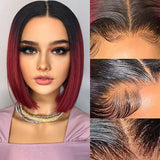 Flyshadow Burgundy Short Straight Bob Human Hair Wigs Brazilian Lace Front Human Hair Wigs Pre Plucked T Part Lace Wigs Remy Hair