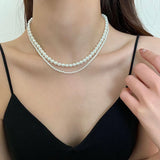 Flyshadow Fashion Double Pearl Necklace For Women Choker Jewelry White Round Wedding Classic Elegant 4mm And 8mm Handmade Necklace Gift