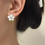 Flyshadow Trendy Cute White Flower Stud Earrings for Women Girls Enamel Oil Camellia Green Leaf Crystal Imitation Pearl Earrings Jewelry