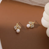 Flyshadow Elegant Imiation Pearl Stud Earrings for Women Party Golden Jewelry Fashion Small Crystal Leaves Earrings