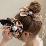 Flyshadow Diamond-Studded Pearl Floral Bow Bow Large Intestine Hair Ring  Super Fairy Headdress Girl Sweet Heart Hair Accessories