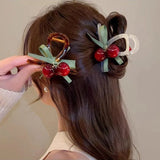 Flyshadow Cute Small Cherry Hair Claw Clips Women Girls Ribbon Hairpin Fashion Hair Clip Crab Headwear Hair Accessories Ornament Headdress