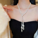 Flyshadow Bohemian Style Imitation Pearl Women's Necklace Luxurious Exaggerated Long Adjustable Wedding Party Necklace For Women  Jewelry