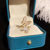 Flyshadow Elegant and Luxurious Shell Butterfly Ring Design Simple and Trendy Diamond Inlay Super Sparkling Opening Ring for Women