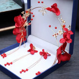 Flyshadow Fashion Red Flower Head Decor Bridal Tiaras Headband Headpiece Wedding Crowns Earring Jewelry Accessories for Women Gifts