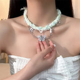 Flyshadow Green Knitted Butterfly Tassel Women Necklace Fashionable Luxury Braided Banquet Party Clavicle Chain For Women Fashion Jewelry