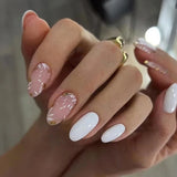 Flyshadow 24Pcs Simple French Round Head False Nails Short  Almond Gradient White Fake Nail with Rhinestone Full Cover Press on Nails Tips