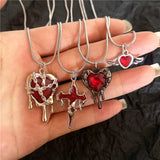 Flyshadow Vintage Y2k Red Love Heart Cross Pendant Snake Chain Necklace For Women Men Halloween Aesthetic Gothic Rave Jewelry Accessories