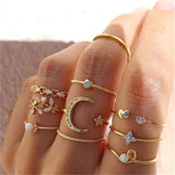 Flyshadow Bohemian Gold Color Chain Rings Set For Women Fashion Boho Coin Snake Moon Rings Party Trend Jewelry Gift