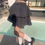 Flyshadow Ruffle Plaid Mini Skirt Women Kawaii Preppy Style Short Skirts Layered Sweet Cute Korean Fashion Casual Street Skirt