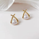 Flyshadow Simple Gold Color Metal Cross Earrings Fashion Triangular Imitation Pearl Earrings For Women Retro Jewelry Classic Earrings