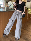 Flyshadow 2024 Minimalist Wide Leg Pants Women All Match Bow Fashion Casual Sports Summer New All Match Straight High Waist Loose