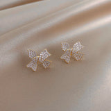 Flyshadow Full of Crystal Bow Stud Earrings for Women Wedding Party Elegant Jewelry Trendy Exquisite Small Earrings