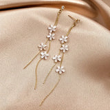 Flyshadow 2024 New Korean Style Flower Asymmetric Pendant Earrings for Women Shiny Rhinestones Long Tassel Fairy Earrings Petal Earrings