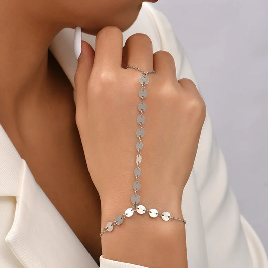 Flyshadow Sequins Chain Bracelet Punk Silver Color Tassel Finger Rings Bracelet Set Summer Jewelry For Women Girls
