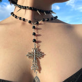 Flyshadow Gothic Black Bead Rivet Necklaces Grunge Cross Pendant Necklaces for Women Punk Jewelry Korean Fashion Necklaces Accessories