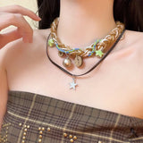 Flyshadow Bohemian Style Double Layer Fabric Star Women's Necklace Fashionable Luxury Exaggerated Clavicle Chain For Women Fashion Jewelry