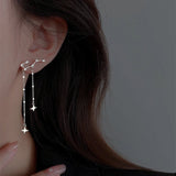 Flyshadow Romantic French Silver Color Asymmetric Star Long Tassel Korean Fashion Zircon Drop Earring For Girl Women Birthday Gifts