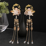 Flyshadow Women Fashion 1 Pair Flower Leaf Pearls Long Tassel Pendant Hanfu Dress Chinese Hairpins Clips Girls Wedding Hair Ornaments