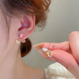 Flyshadow Pink Flower Stud Earrings for Women Enamel Oil Crystal Bud Green Leaf Small Earrings Wedding Party Cute Jewelry